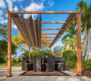 Aluminium Pergola Florenz 1116 | Holzoptik hellbraun/braun | 350x505x236 cm